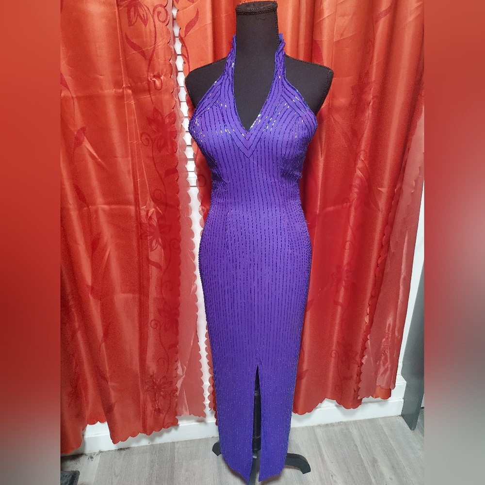 Vintage Purple Beaded Silk Halter Gown Cocktail Dress sz 4